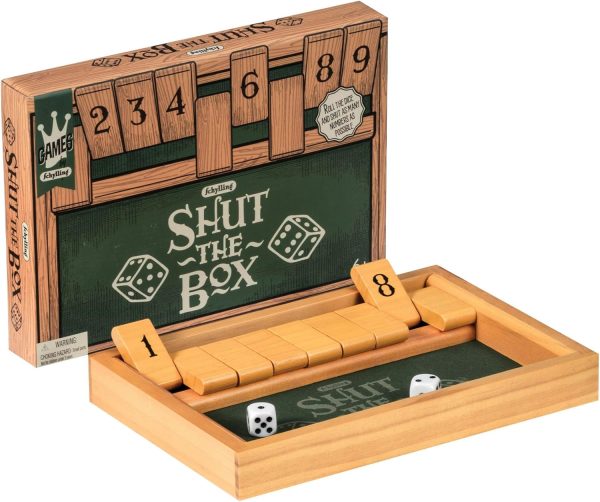 Schylling Shut the Box - Family Game of Strategy and Chance - Includes Collectible Wooden Game Box. Felt Bottom. Rounded Dice. and Detailed Instructions - Ages 6 and Up